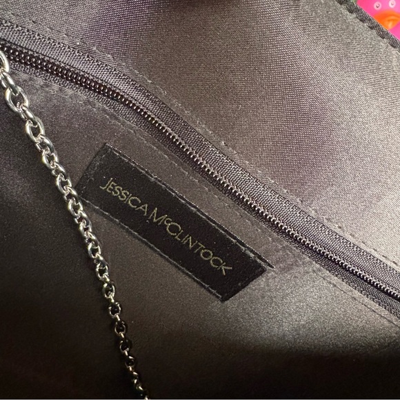 Jessica McClintock Large Envelope Clutch w/Silver Chain Strap Black Reptile EUC - Picture 8 of 9